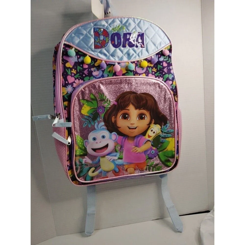 Dora the Explorer Purple Pink Glitter Floral Small Backpack Zip, Pom Poms
